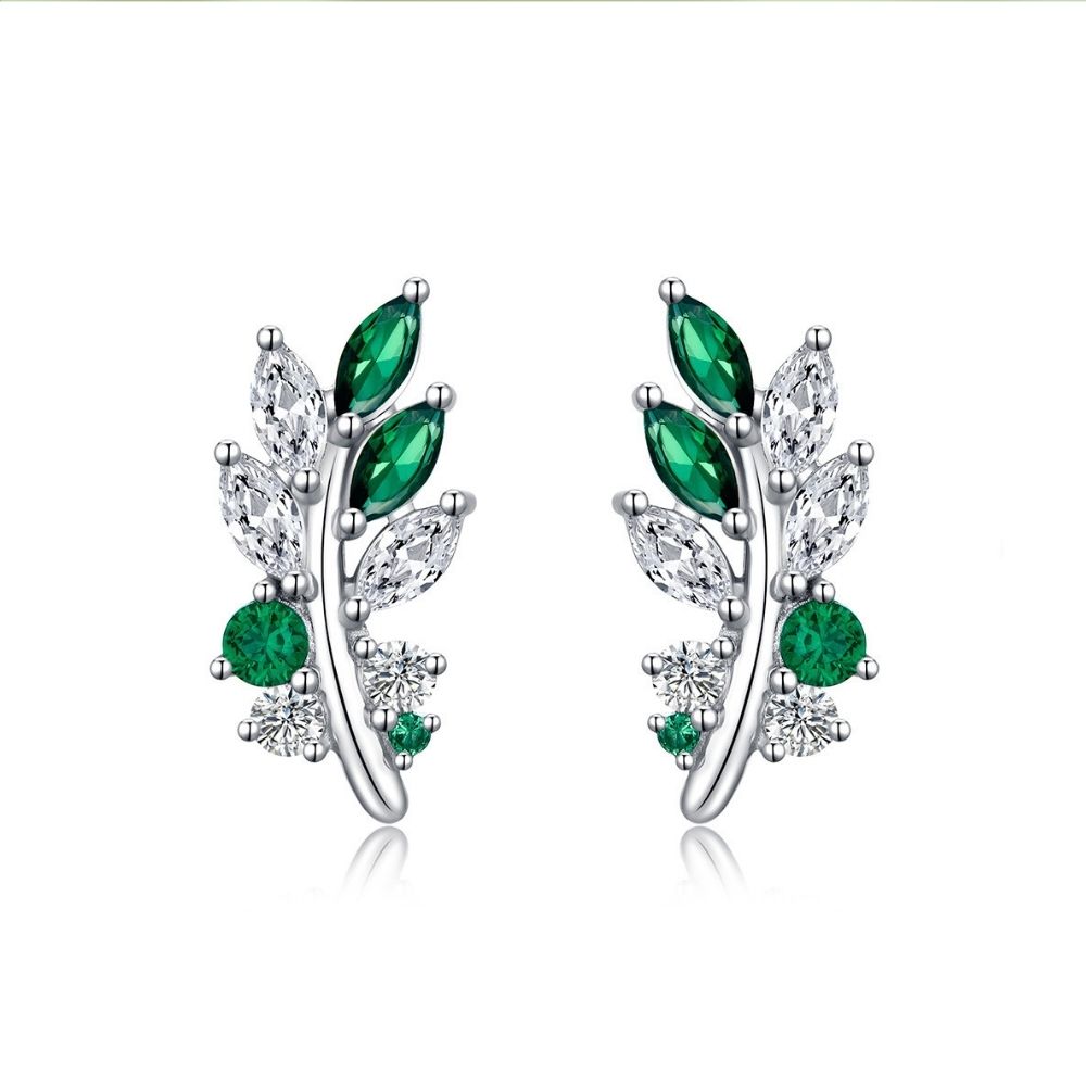 Kristal Taşlı Yeşil Yaprak Küpe (Altın Kaplama) - E02316